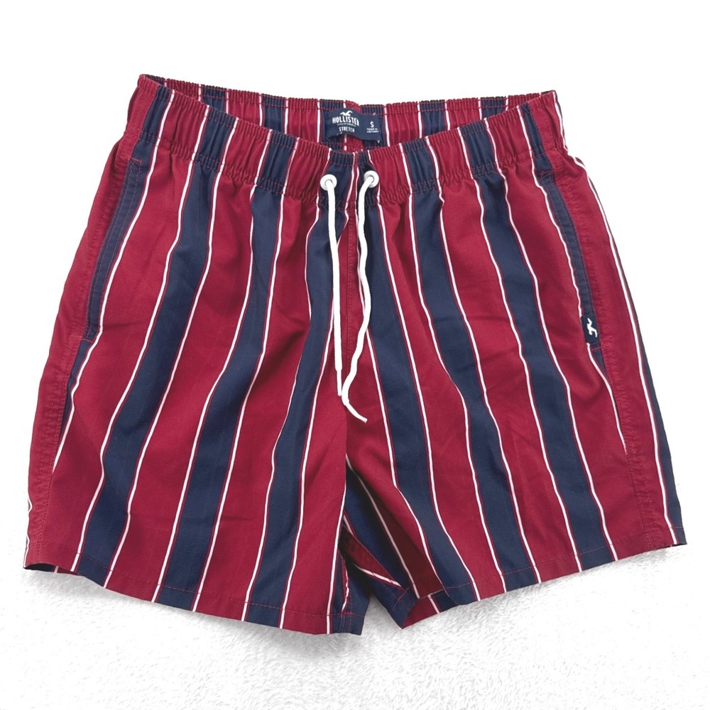 Hollister Swim Trunks Mens Small Red Navy Blue Striped Board Shorts Preppy Beach